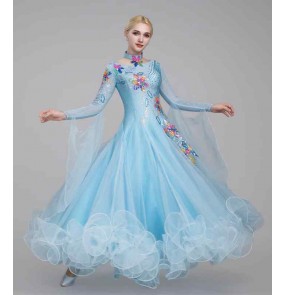 Custom size competition blue red black rhinestones ballroom dance dresses for women girls kids embroidered flowers waltz tango flamenco smooth dance long gown